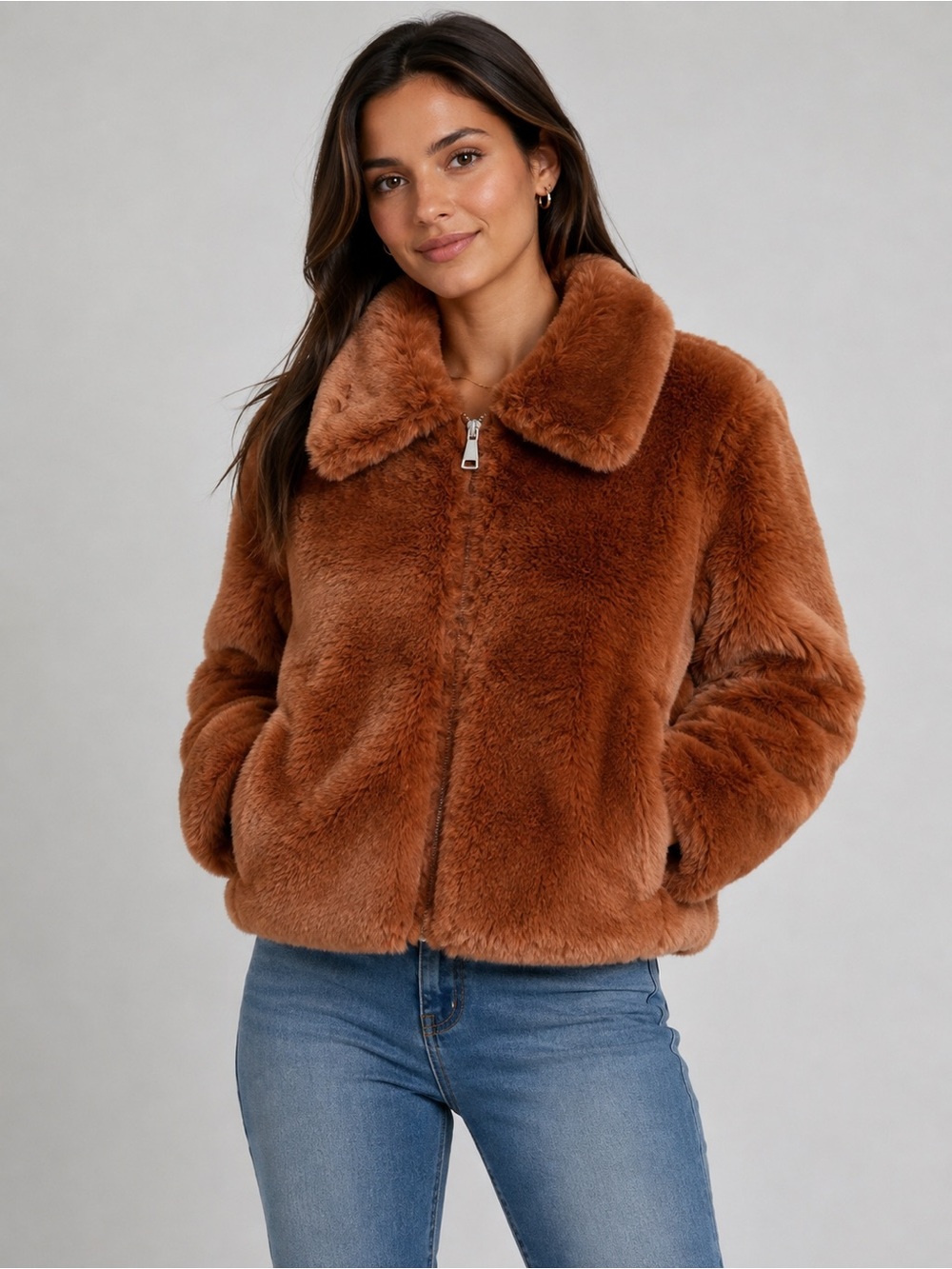 Steve Madden Camel Faux Fur Zip Jacket Soft Plush Small